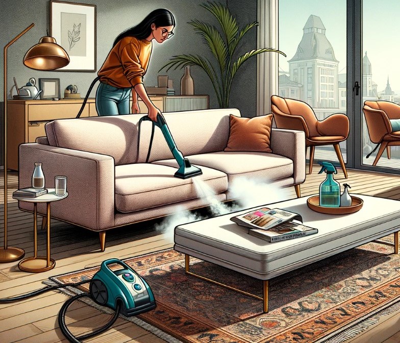 cleaning polyester sofa using steam cleaner